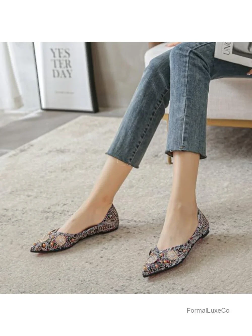 Women Rhinestone Ballet Flats Elegant Dressy Wedding Shoes